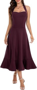 Nikcorp Bordova svečana koktel haljina Elegantna A-kroj, halter izrez s vezom na vratu, tea length do ispod koljena, prorez i slojeviti volani, fit i flare, za vjenčanje i svečana primanja 2XL