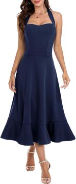 Nikcorp Dresstells koktel haljina Elegantni halter dekolte A kroj midi s volančićima i razrezom na dnu kraljevsko plava S, svečana večernja vjenčanica