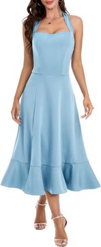 Nikcorp Koktel haljina Dresstells Elegantna, model halter s dekolteom srce, kroj A-linija fit and flare, midi tea length, asimetrični prorez s višeslojnim volanima, plava boja, za vjenčanja svečanosti