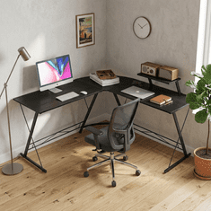 Nikcorp Kutni radni stol L oblika crni MDF ploča metalni okvir police za gaming školu ured 129 x 46 x 74 cm 2 kraka max 150 kg