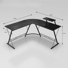 Nikcorp Kutni radni stol L oblika crni MDF ploča metalni okvir police za gaming školu ured 129 x 46 x 74 cm 2 kraka max 150 kg