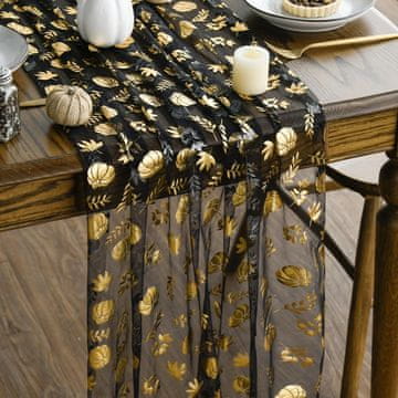 Nikcorp Ukrasni stolnjak za stol Til 70x300 cm spun poliester, jesenski motiv lišća i tikvica, zlatna folija gold leaf, prozračna organza dekoracija stola prozora namještaja, bež zlatni naglasci