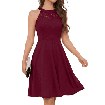 Nikcorp Midi koktel haljina Elegant bordon, čipkana svečana haljina halterneck A kroj, do koljena, XL, najlon 94% elastan 6%