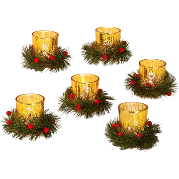 Nikcorp Božićni svijećnjaci za stol set 6 kom, crveni stakleni lampioni s umjetnim adventskim vijencima, ukrasni božićni dekor 4,5x6,7 cm, za tea light i votive svijeće