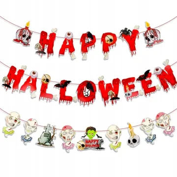 Nikcorp Halloween viseći banner girlanda dekoracija karton crvena slova HAPPY HALLOWEEN grobovi lubanje zombiji komplet 1 kom dimenzije slova 18 cm motiv zombija 15 cm