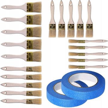 Rosfix Komplet za slikanje: 20x kistovi s prirodnim vlaknima + 2x plava slikarska traka 40 mm HQ | Drvene ručke | Precizno odrezivanje | Set za slikanje