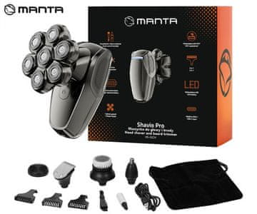 Manta PRO HS-02CH Shavio bežični šišač, 8 nastavaka, IPX7, USB-C, srebrni (Midnight Chrome) + dodaci