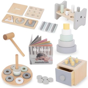 Mamabrum Drvena edukativna kutija sa šest igračaka za malu djecu - Montessori set, razvoj fine motorike, od 12 mjeseci, senzorna igra