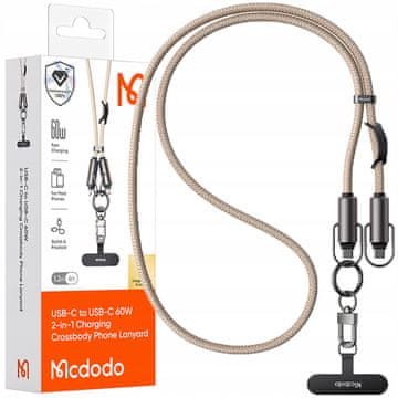 Mcdodo MCDODO smyč za telefon oko vrata, umetak crossbody, bež, kabel USB-C 60W
