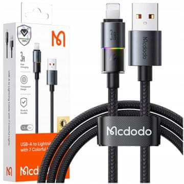 Mcdodo MCDODO kabel USB za brzo punjenje za iPhone Lightning, 3A, 36W, 1M, LED, crni