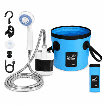 HOME & MARKER® Prijenosni kamperski tuš s pumpom i sklopivom kantom 20 L, USB punjenje, 2200 mAh baterija | AQUAPORT