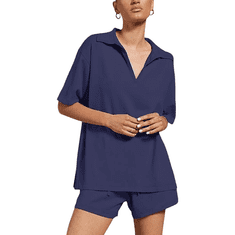 Nikcorp Ženski ljetni trenirni komplet Casual 2-dijelni set XL kobaltno plava navy blue kratki rukav majica kratki šorts elastični široki pojas prozračna meka rastezljiva tkanina za kuću šetnje jogging