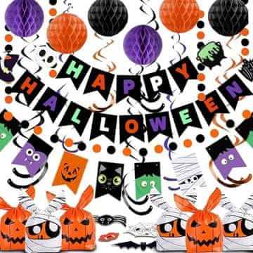 Nikcorp Komplet Halloween dekoracija 156 el. gigantsko balon stablo 110 cm, crna ljubičasta narančasta; uključuje pumpicu, trake, 50 umjetnog lišća, 2 paučine i banner Happy Halloween