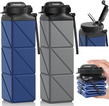 Nikcorp Sklopiva silikonska boca za trčanje Bidon 610 ml set 2 kom nepropusni poklopac s navojem tamnosiva BPA-free silikon PP široko grlo 6,6 cm sklopljena