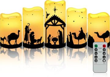 Nikcorp Set 5 LED božićnih svijeća bez plamena s motivom jaslica i daljinskim upravljačem toplo bijelo, 2x10,16 cm 3x12,7 cm, promjer 7,62 cm, timer 4/6 h