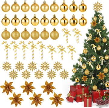 Nikcorp Set 50 božićnih ukrasa zlatne kuglice i pahuljice 4 cm 10 cm božićne dekoracije s cvjetovima 7,5 cm i slatkišima 13 x 4,5 x 1,2 cm 10 x 4 x 1,2 cm