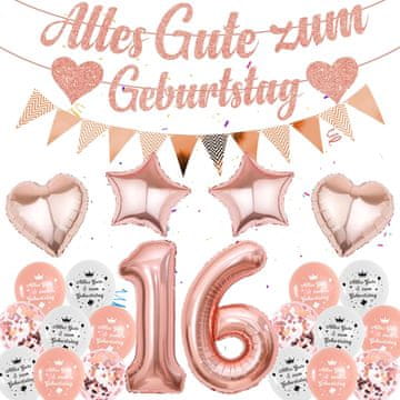Nikcorp Set dekoracija za 16. rođendan 58 kom rosa, uključuje 24 banner Happy Birthday, 12 zastavica i 2 folijska balona 16, balone zvijezde i srca, lateks baloni za proslavu