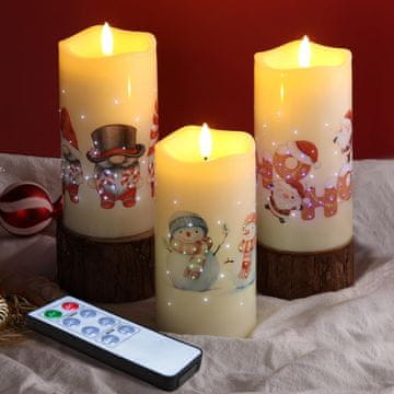 Nikcorp LED božićne svijeće set od 3 kom Djed Mraz i snjegović daljinski upravljač 10-15 cm promjer 7,6 cm vodootporno otporno na vjetar, napajanje 3x AA za svaku svijeću (baterije nisu uključene) CR2025 za