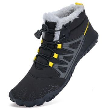 Nikcorp Zimske barefoot čizme Crno-žute za trekking trail running wide toe box 44 EU toplinska izolacija prozračna tkanina protuklizni gumeni potplat uklonjivi uložak pojačani prsti klasične vezice