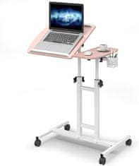 Nikcorp Podesivi prijenosni radni stol za laptop Stolić za laptop ružičasti 64x40x58-89 cm MDF metalni okvir 4 kotača s blokadom kut i visina podloga za miš 20x40 cm do 15 kg 7-17
