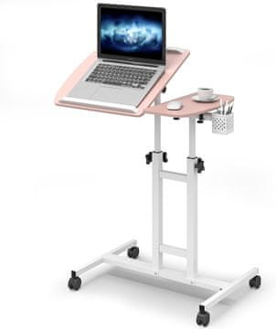 Nikcorp Podesivi prijenosni radni stol za laptop Stolić za laptop ružičasti 64x40x58-89 cm MDF metalni okvir 4 kotača s blokadom kut i visina podloga za miš 20x40 cm do 15 kg 7-17