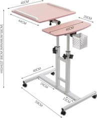Nikcorp Podesivi prijenosni radni stol za laptop Stolić za laptop ružičasti 64x40x58-89 cm MDF metalni okvir 4 kotača s blokadom kut i visina podloga za miš 20x40 cm do 15 kg 7-17