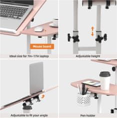 Nikcorp Podesivi prijenosni radni stol za laptop Stolić za laptop ružičasti 64x40x58-89 cm MDF metalni okvir 4 kotača s blokadom kut i visina podloga za miš 20x40 cm do 15 kg 7-17