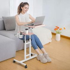 Nikcorp Podesivi prijenosni radni stol za laptop Stolić za laptop ružičasti 64x40x58-89 cm MDF metalni okvir 4 kotača s blokadom kut i visina podloga za miš 20x40 cm do 15 kg 7-17