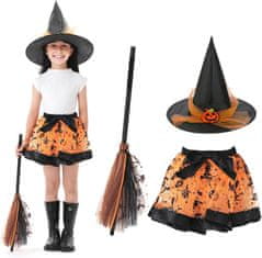 Nikcorp Dječji kostim Vještice Univerzalno set od 3 dijela crno-narančasti til suknjica šešir i čarobna metla za Halloween cosplay 3-8 godina