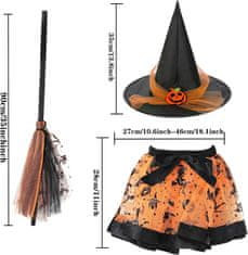 Nikcorp Dječji kostim Vještice Univerzalno set od 3 dijela crno-narančasti til suknjica šešir i čarobna metla za Halloween cosplay 3-8 godina