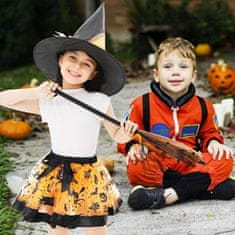 Nikcorp Dječji kostim Vještice Univerzalno set od 3 dijela crno-narančasti til suknjica šešir i čarobna metla za Halloween cosplay 3-8 godina