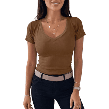 Nikcorp Ženska majica bluza kratki rukav rebrasto pletivo V-neck Slim Fit Basic casual Smeđa S