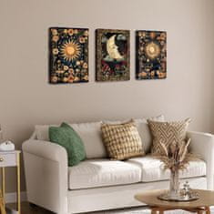 Nikcorp Dekorativna slika na platnu HALFLEMART Boho Sun Moon tarot ezoterika 3 panela 120x60 cm, set za dnevni boravak i spavaću sobu, spremno za vješanje na drveni okvir