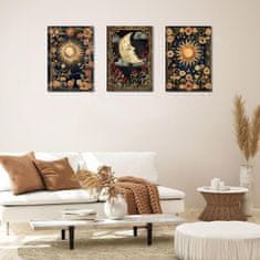 Nikcorp Dekorativna slika na platnu HALFLEMART Boho Sun Moon tarot ezoterika 3 panela 120x60 cm, set za dnevni boravak i spavaću sobu, spremno za vješanje na drveni okvir