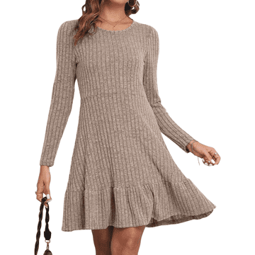 Nikcorp Damska midi haljina od pletiva Prilagođena, elastična glatka tkanina, bodycon kroj, okrugli izrez, dugi rukavi, do koljena, bež, XXL