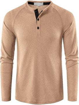 Nikcorp Muška Henley majica vafelasta tekstura waffle dugih rukava bež 3 gumba trakica scoop neck 65% poliester 30% viskoza 5% elastan casual elegantna za ured i vikend