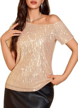 Nikcorp Ženska bluza s prišivenim šljokicama Elegantan večernji glam Asimetričan kroj otkriveno rame bež XL, koktel party svečane prigode