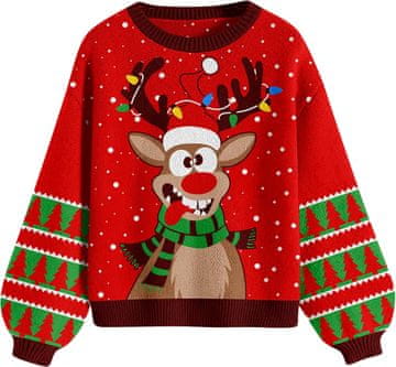Nikcorp Ženski božićni džemper pleteni topli džemper s blagdanskim uzorkom, dvopanelno pletivo, ojačani šavovi, okrugli izrez crew neck, dugi rukavi M, crveni