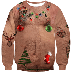 Nikcorp Božićni hoodie Ruﬆan Ugly Christmas Sweater fotorealistični tisak dlakavog muškog torza, hoodie bez kapuljače, dugi rukav, regular fit 3XL, 95% poliester 5% elastan