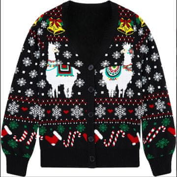 Nikcorp Ženski božićni kardigan džemper na kopčanje akrilno pletivo V-neck gumbe crni L smiješni ugly sweater uzorak s rebrastim manšetama