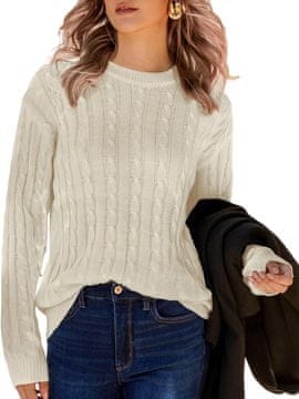 Nikcorp Ženski pleteni pulover s dugim rukavima cable knit, opušteni loose fit, spuštena linija ramena, okrugli izrez do vrata, topli zimski debeli bijeli L