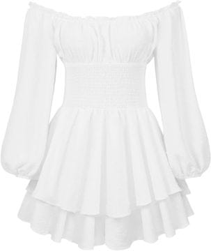 Nikcorp Ženski boho kombinezon šifon Španjolka, mini haljina za ljeto, otkrivena ramena, V izrez, balon rukavi, mašna u struku, vezanje na leđima, volan porub, bijela XL