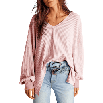 Nikcorp Ženska bluza oversize V-izrez waffle knit pletena prozračna dugi rukavi lantern M svijetloružičasta s otvorenim šavovima ukrasni rubovi
