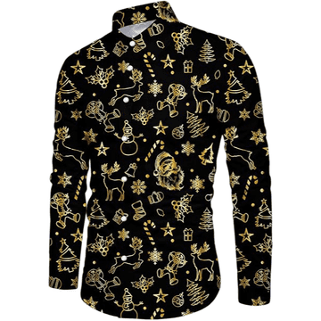 Nikcorp Muška božićna košulja slim fit 3D digitalni tisak Elegantna crno zlatna mješavina poliestera i spandexa dugi rukav klasični ovratnik gumbi za muškarce blagdanska zabava maskenbal, veličina XL