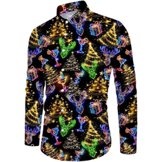 Nikcorp Muška božićna košulja Elegant Uzorak Neon 3D print, slim fit, reveri, dugi rukav, potpuno kopčanje na gumbe, brzo sušeći poliester + spandeks, crna XL