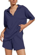 Nikcorp Ženski ljetni trenirni komplet Casual 2-dijelni set XL kobaltno plava navy blue kratki rukav majica kratki šorts elastični široki pojas prozračna meka rastezljiva tkanina za kuću šetnje jogging