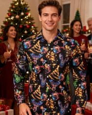 Nikcorp Muška božićna košulja Elegant Uzorak Neon 3D print, slim fit, reveri, dugi rukav, potpuno kopčanje na gumbe, brzo sušeći poliester + spandeks, crna XL