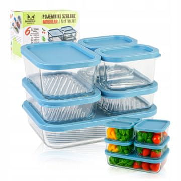 Staklene posude modular 6 komada - 2x 310 ml + 2x 520 ml + 1x 750 ml + 1x 1200 ml s plavim plastičnim poklopcima