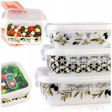 Set od 3 pravokutnih staklenih posuda (zapremnina 400, 650, 1000 ml) uzorak masline