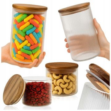 Set - 2x staklena posuda za pohranu hrane - rebrasta s drvenim poklopcem 1L + 2x staklena posuda za pohranu hrane - rebrasta s drvenim poklopcem 390 ml
